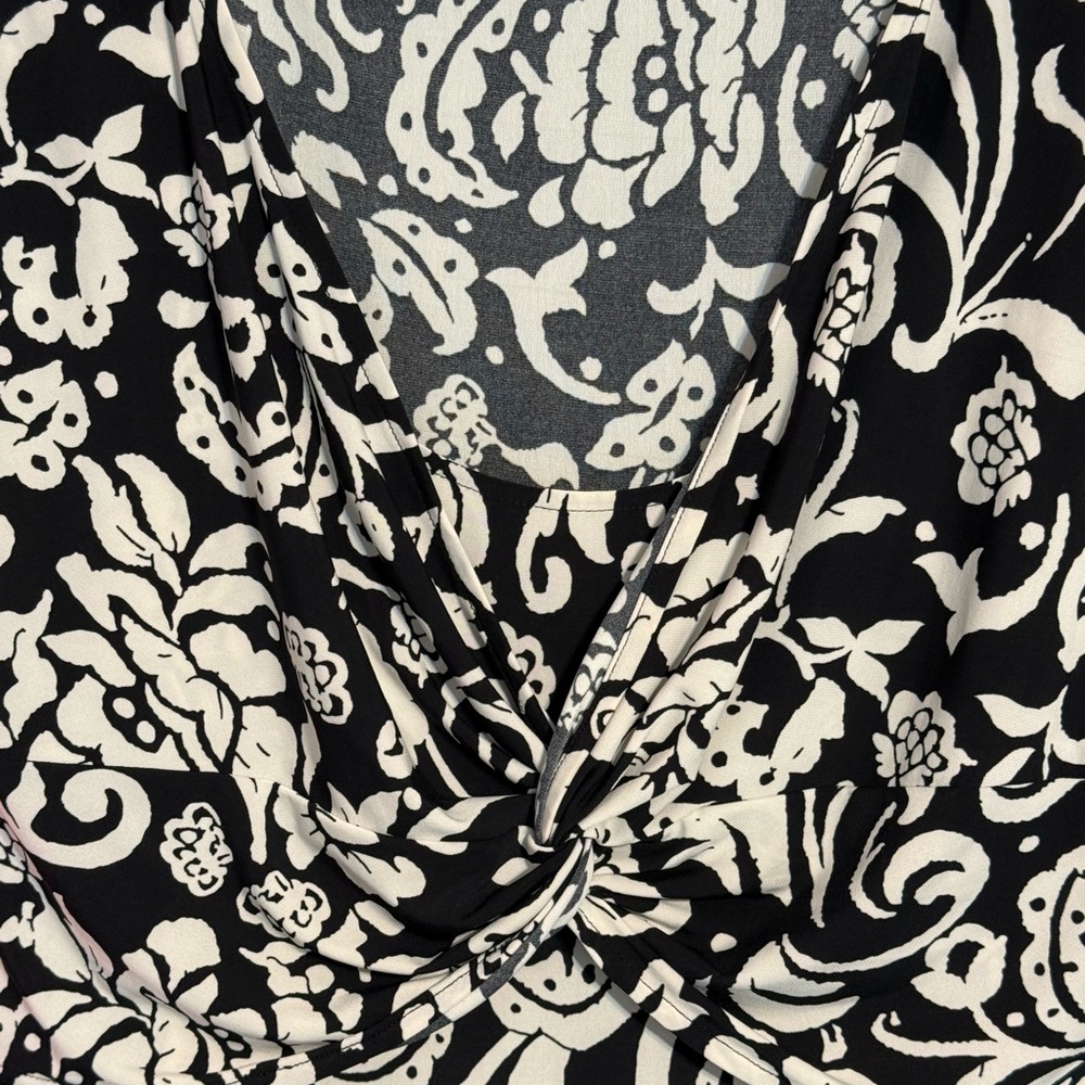 Chaps Black White Floral Dress XL Twist Front Fit & Flare Stretch - Picture 3 of 4